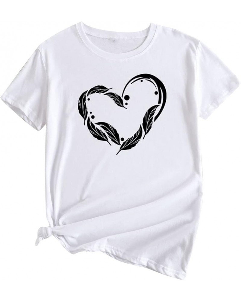 Cute Feather Heart Tee Tops for Women Summer Crew Neck Graphic Loose Basic Short Sleeve T Shirt Blouse Tops Teens Girl White ...