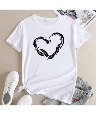 Cute Feather Heart Tee Tops for Women Summer Crew Neck Graphic Loose Basic Short Sleeve T Shirt Blouse Tops Teens Girl White ...