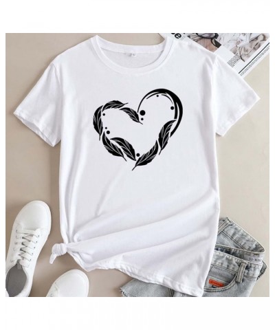 Cute Feather Heart Tee Tops for Women Summer Crew Neck Graphic Loose Basic Short Sleeve T Shirt Blouse Tops Teens Girl White ...