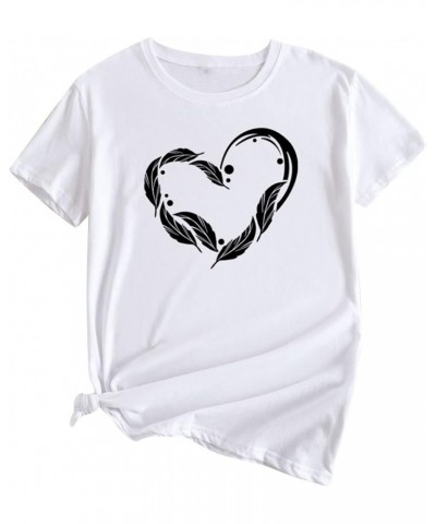 Cute Feather Heart Tee Tops for Women Summer Crew Neck Graphic Loose Basic Short Sleeve T Shirt Blouse Tops Teens Girl White ...