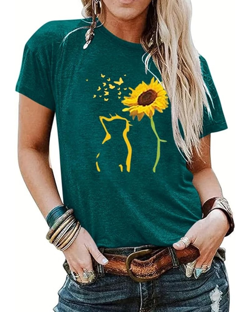 Womens Fall Crewneck Sunflower Graphic Print Tops Long Sleeve Cute Casual Tees Short Sleeve Dark Green $13.74 T-Shirts