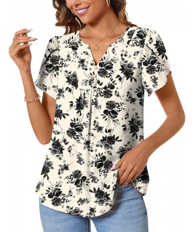 Womens Fashion Short Sleeve Tops Dressy Petal Sleeve Button T-Shirts Casual Chiffon Tunic Blouse Black Flower White $12.99 Bl...