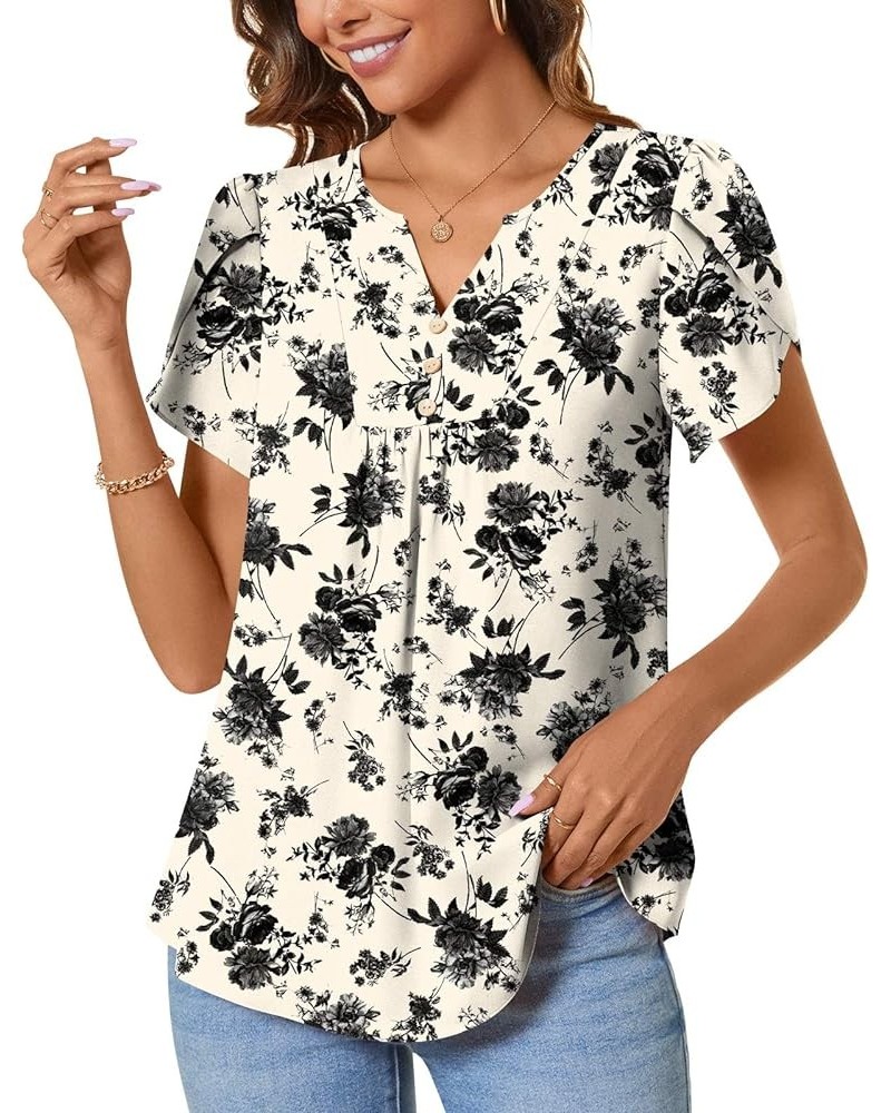 Womens Fashion Short Sleeve Tops Dressy Petal Sleeve Button T-Shirts Casual Chiffon Tunic Blouse Black Flower White $12.99 Bl...