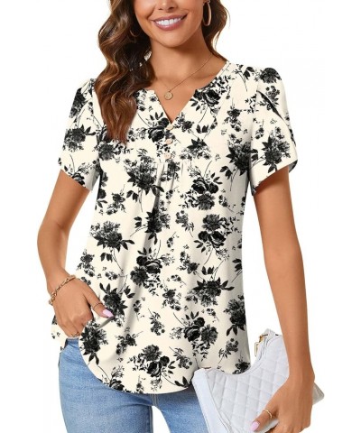 Womens Fashion Short Sleeve Tops Dressy Petal Sleeve Button T-Shirts Casual Chiffon Tunic Blouse Black Flower White $12.99 Bl...