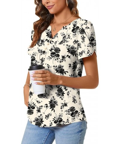 Womens Fashion Short Sleeve Tops Dressy Petal Sleeve Button T-Shirts Casual Chiffon Tunic Blouse Black Flower White $12.99 Bl...