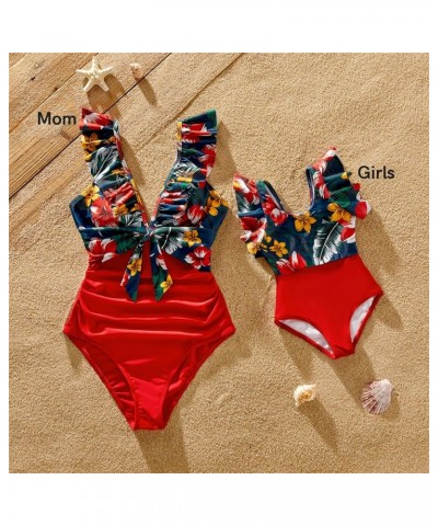 Family Matching Swimsuit One Piece Green Ruffle Floral Splice Red Brief Tankini Swimwear Women Greenred $16.49 Swimsuits