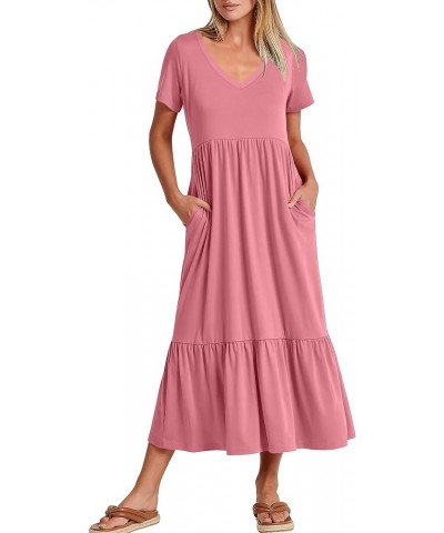 Women's Summer Casual Short Sleeve V Neck Swing Dress Casual Flowy Tiered Basic Maxi Beach Dress with Pockets Pink $20.64 Dre...