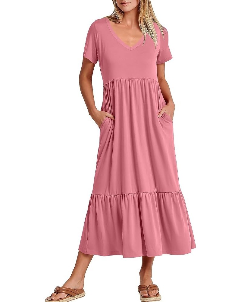 Women's Summer Casual Short Sleeve V Neck Swing Dress Casual Flowy Tiered Basic Maxi Beach Dress with Pockets Pink $20.64 Dre...