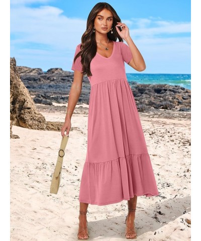 Women's Summer Casual Short Sleeve V Neck Swing Dress Casual Flowy Tiered Basic Maxi Beach Dress with Pockets Pink $20.64 Dre...