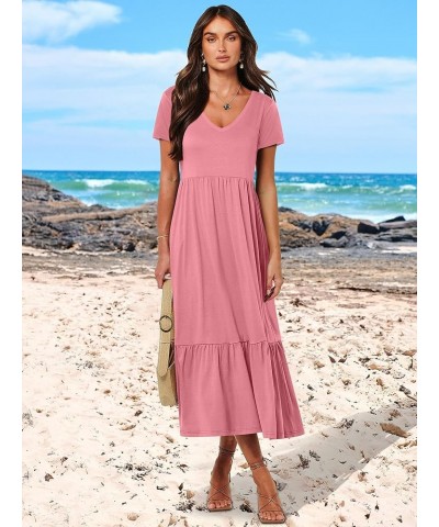 Women's Summer Casual Short Sleeve V Neck Swing Dress Casual Flowy Tiered Basic Maxi Beach Dress with Pockets Pink $20.64 Dre...