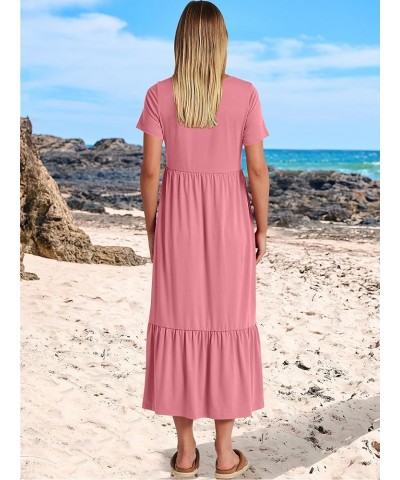 Women's Summer Casual Short Sleeve V Neck Swing Dress Casual Flowy Tiered Basic Maxi Beach Dress with Pockets Pink $20.64 Dre...