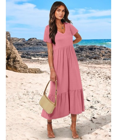 Women's Summer Casual Short Sleeve V Neck Swing Dress Casual Flowy Tiered Basic Maxi Beach Dress with Pockets Pink $20.64 Dre...