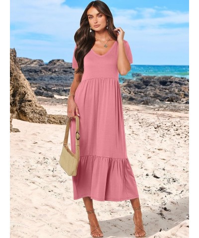 Women's Summer Casual Short Sleeve V Neck Swing Dress Casual Flowy Tiered Basic Maxi Beach Dress with Pockets Pink $20.64 Dre...