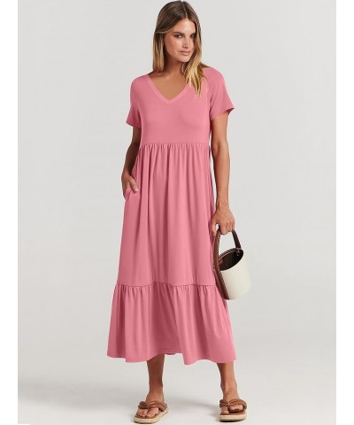 Women's Summer Casual Short Sleeve V Neck Swing Dress Casual Flowy Tiered Basic Maxi Beach Dress with Pockets Pink $20.64 Dre...