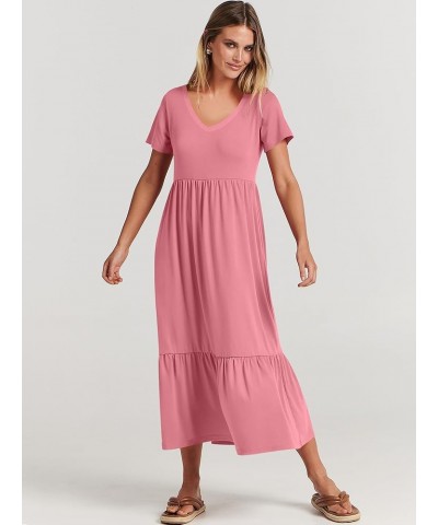 Women's Summer Casual Short Sleeve V Neck Swing Dress Casual Flowy Tiered Basic Maxi Beach Dress with Pockets Pink $20.64 Dre...