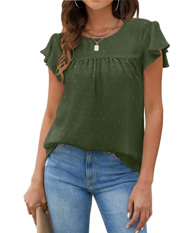 Blouses for Women Crewneck Ruffle Sleeve Flowy Babydoll Shirts Swiss Dot Cute Summer Tops S-2XL 04-army Green $11.50 Blouses