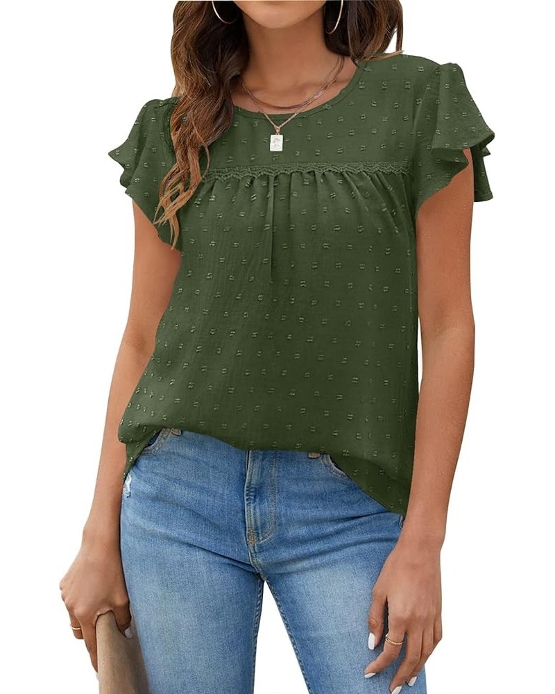 Blouses for Women Crewneck Ruffle Sleeve Flowy Babydoll Shirts Swiss Dot Cute Summer Tops S-2XL 04-army Green $11.50 Blouses