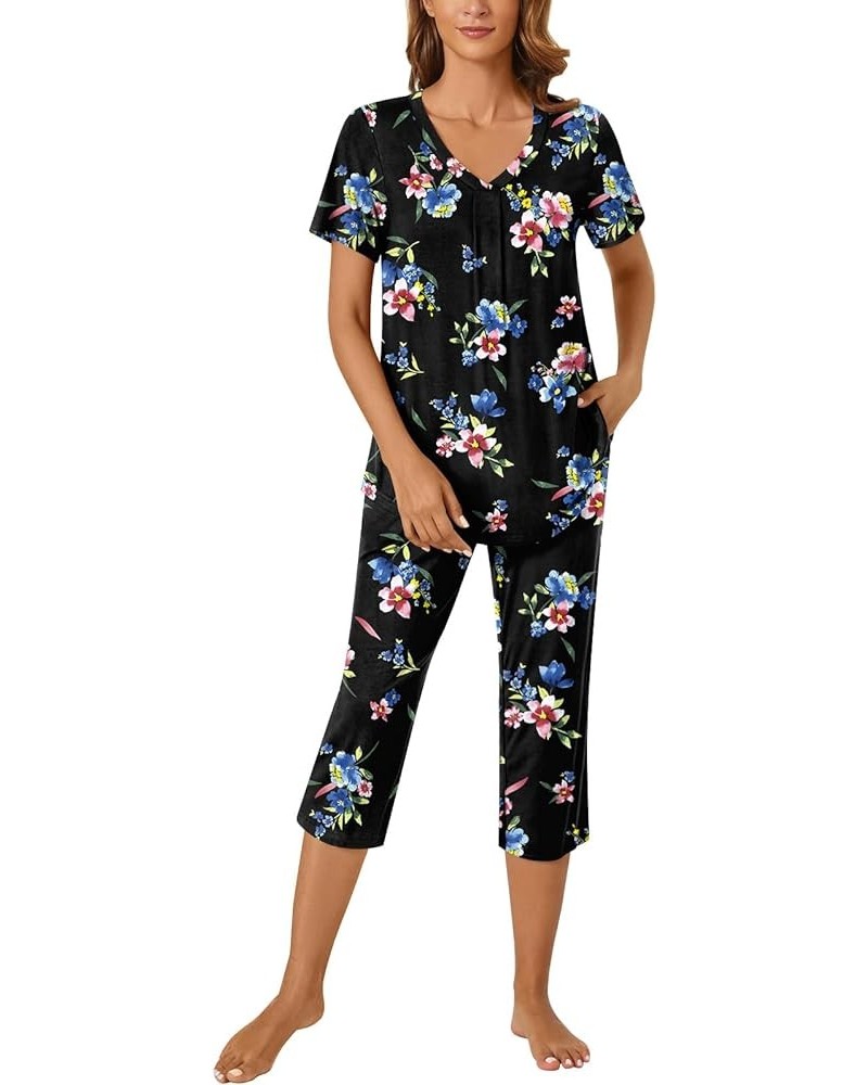 Womens Pajama Set, 2 Piece Lounge Outfits Summer Sleep Set V Neck Short Sleeve Pant With Pockets Ladies Pjs Set Capri Pant Bl...