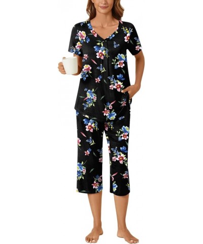 Womens Pajama Set, 2 Piece Lounge Outfits Summer Sleep Set V Neck Short Sleeve Pant With Pockets Ladies Pjs Set Capri Pant Bl...