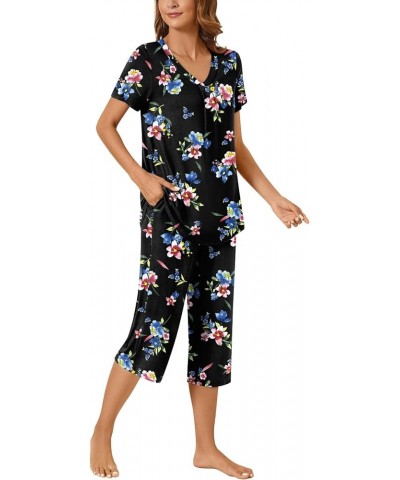 Womens Pajama Set, 2 Piece Lounge Outfits Summer Sleep Set V Neck Short Sleeve Pant With Pockets Ladies Pjs Set Capri Pant Bl...