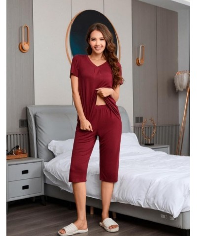 Womens Pajama Set, 2 Piece Lounge Outfits Summer Sleep Set V Neck Short Sleeve Pant With Pockets Ladies Pjs Set Capri Pant Bl...