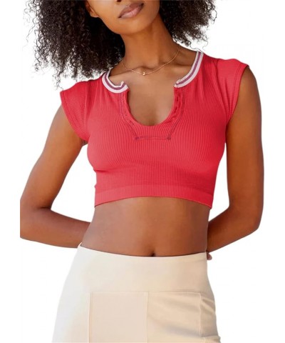 Women Short Sleeve Knit Ribbed Baby Crop Top Crew Neck Buttons Slim Fit Teen Basic Tee Shirts Red $6.26 T-Shirts