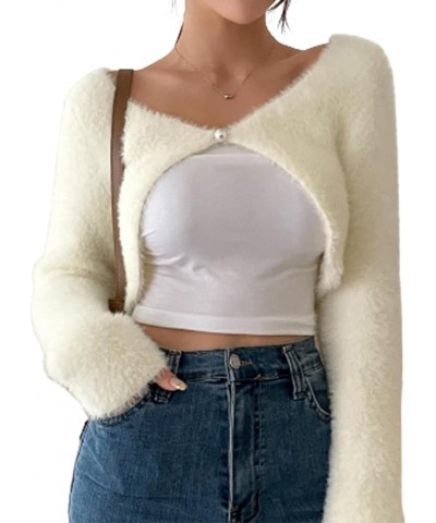 Women's Asymmetrical Long Sleeve V Neck Fuzzy Crop Cardigan Bolero Beige $20.39 Sweaters