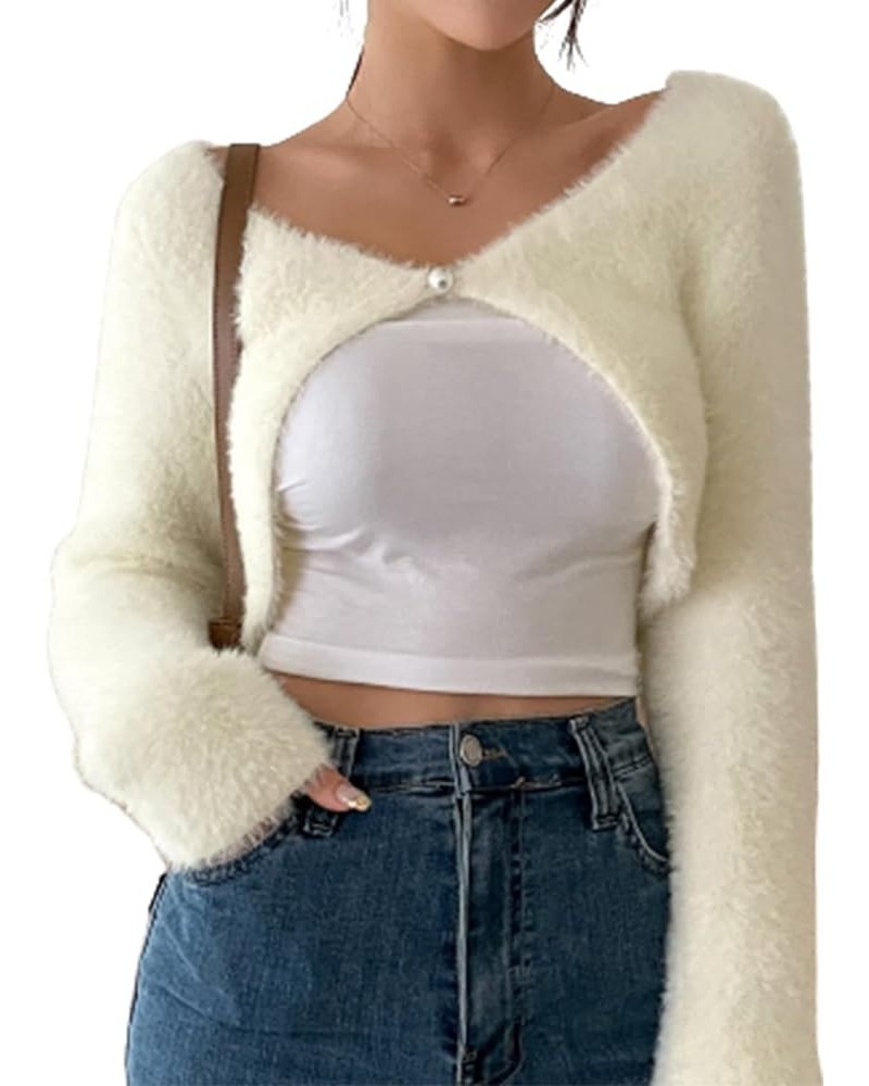 Women's Asymmetrical Long Sleeve V Neck Fuzzy Crop Cardigan Bolero Beige $20.39 Sweaters