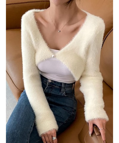 Women's Asymmetrical Long Sleeve V Neck Fuzzy Crop Cardigan Bolero Beige $20.39 Sweaters