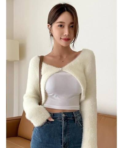 Women's Asymmetrical Long Sleeve V Neck Fuzzy Crop Cardigan Bolero Beige $20.39 Sweaters