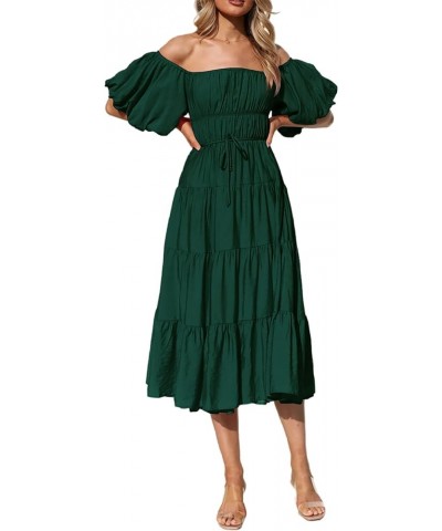 Off-Shoulder Dresses for Women Summer Puff Sleeve Empire Waist Casual Ruffle A-Line Flowy Midi Dress with Belt Emeraldgreen $...