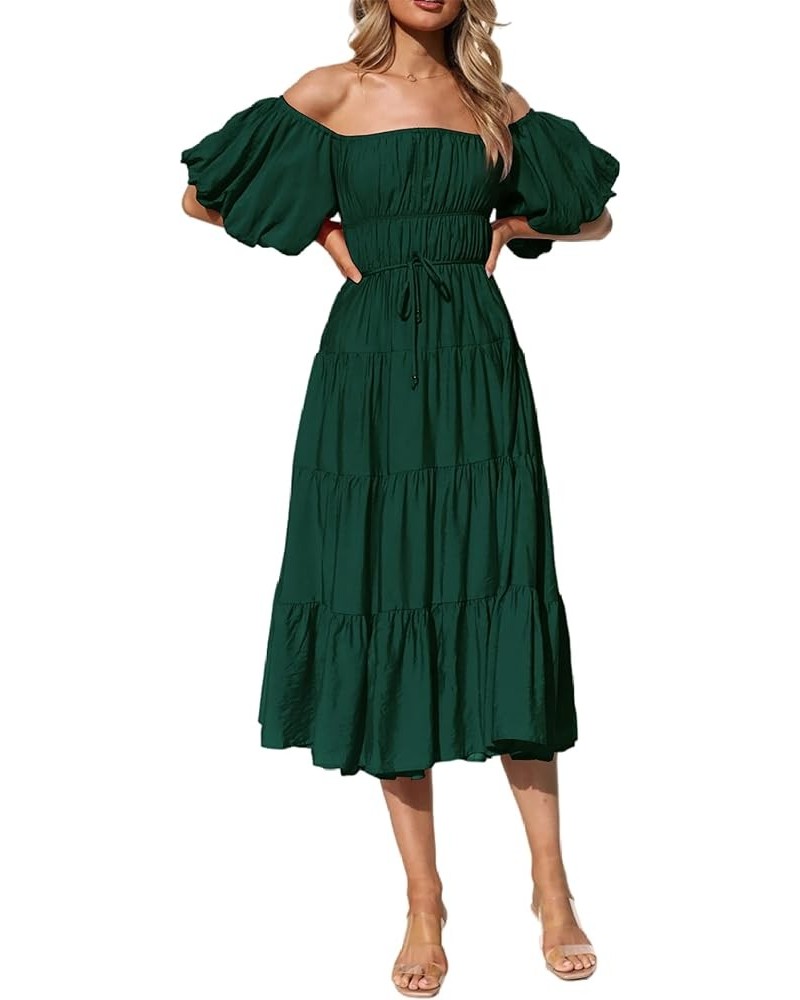 Off-Shoulder Dresses for Women Summer Puff Sleeve Empire Waist Casual Ruffle A-Line Flowy Midi Dress with Belt Emeraldgreen $...