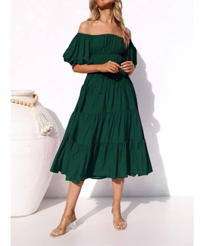 Off-Shoulder Dresses for Women Summer Puff Sleeve Empire Waist Casual Ruffle A-Line Flowy Midi Dress with Belt Emeraldgreen $...