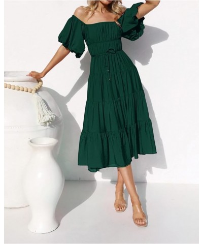 Off-Shoulder Dresses for Women Summer Puff Sleeve Empire Waist Casual Ruffle A-Line Flowy Midi Dress with Belt Emeraldgreen $...