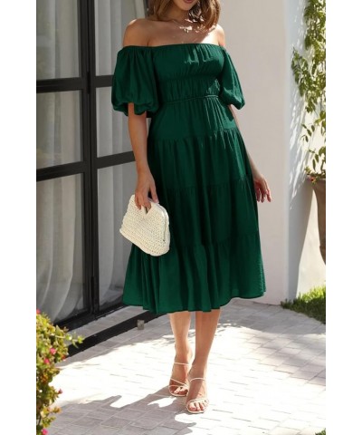 Off-Shoulder Dresses for Women Summer Puff Sleeve Empire Waist Casual Ruffle A-Line Flowy Midi Dress with Belt Emeraldgreen $...