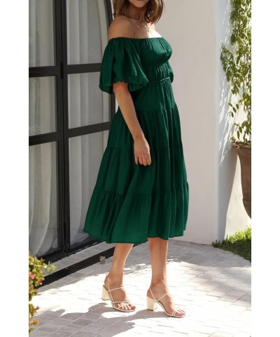 Off-Shoulder Dresses for Women Summer Puff Sleeve Empire Waist Casual Ruffle A-Line Flowy Midi Dress with Belt Emeraldgreen $...