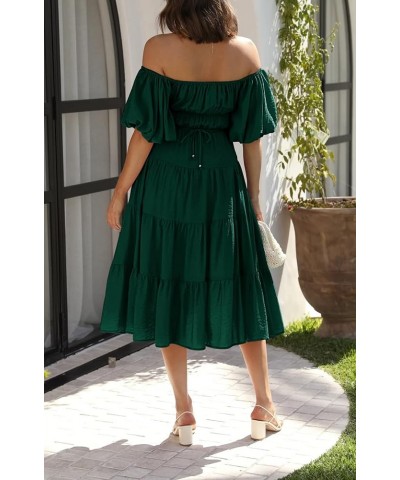 Off-Shoulder Dresses for Women Summer Puff Sleeve Empire Waist Casual Ruffle A-Line Flowy Midi Dress with Belt Emeraldgreen $...