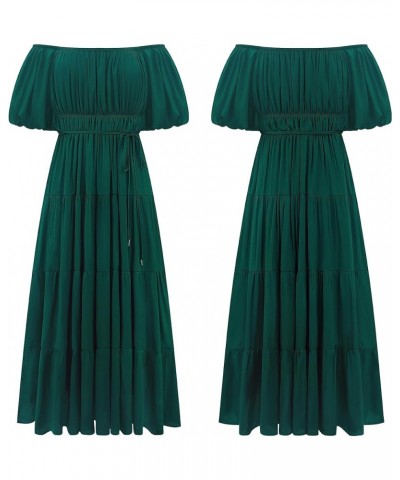 Off-Shoulder Dresses for Women Summer Puff Sleeve Empire Waist Casual Ruffle A-Line Flowy Midi Dress with Belt Emeraldgreen $...