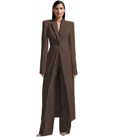 Women's Long 2 Piece Suit Jacket+Pants Slim Fit 1 Button High Street Luxury Womens Clothing Pant Set HZH17 Brown $38.85 Suits