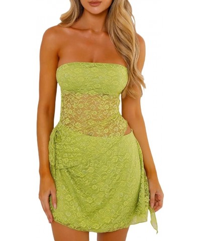 Womens Sexy Summer 2 Piece Outfits Y2K Lace Bandeau Going Out Crop Tops Bodycon Mini Skirt Mini Dress Set Green $8.80 Suits