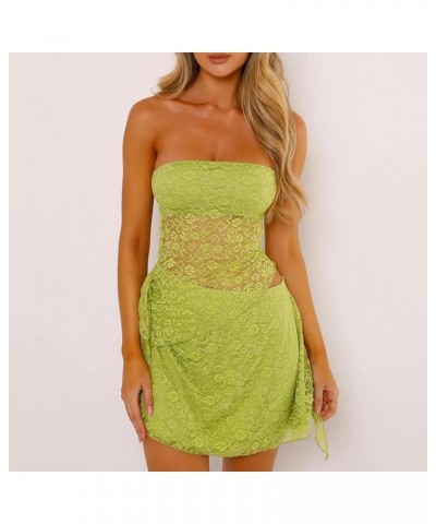 Womens Sexy Summer 2 Piece Outfits Y2K Lace Bandeau Going Out Crop Tops Bodycon Mini Skirt Mini Dress Set Green $8.80 Suits