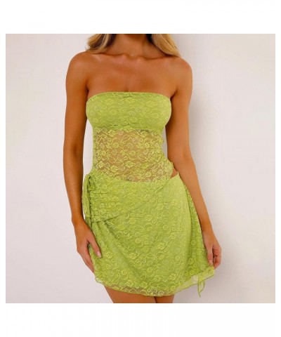 Womens Sexy Summer 2 Piece Outfits Y2K Lace Bandeau Going Out Crop Tops Bodycon Mini Skirt Mini Dress Set Green $8.80 Suits