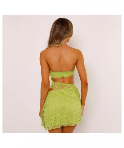 Womens Sexy Summer 2 Piece Outfits Y2K Lace Bandeau Going Out Crop Tops Bodycon Mini Skirt Mini Dress Set Green $8.80 Suits