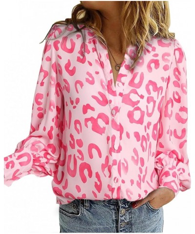 Womens Button Down Shirt Printed Long Sleeve Blouse Tops Fashion 2024 Pink Leopard $16.49 Blouses