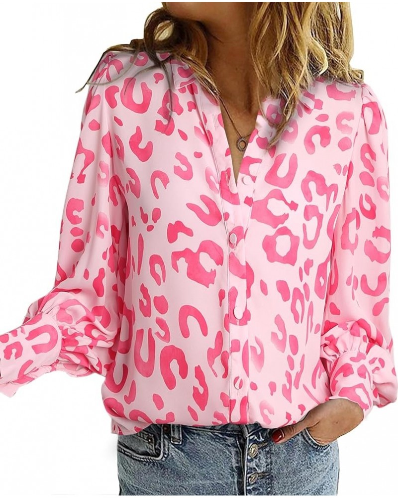 Womens Button Down Shirt Printed Long Sleeve Blouse Tops Fashion 2024 Pink Leopard $16.49 Blouses