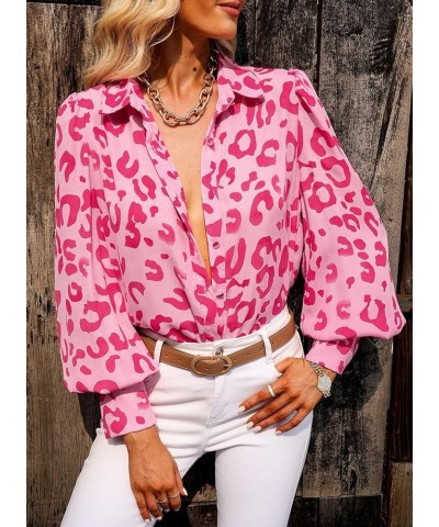 Womens Button Down Shirt Printed Long Sleeve Blouse Tops Fashion 2024 Pink Leopard $16.49 Blouses