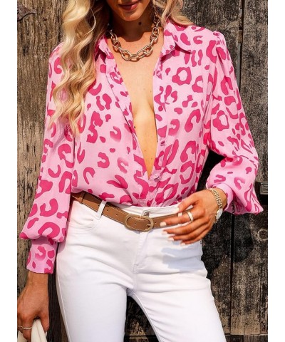 Womens Button Down Shirt Printed Long Sleeve Blouse Tops Fashion 2024 Pink Leopard $16.49 Blouses