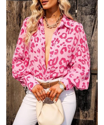 Womens Button Down Shirt Printed Long Sleeve Blouse Tops Fashion 2024 Pink Leopard $16.49 Blouses