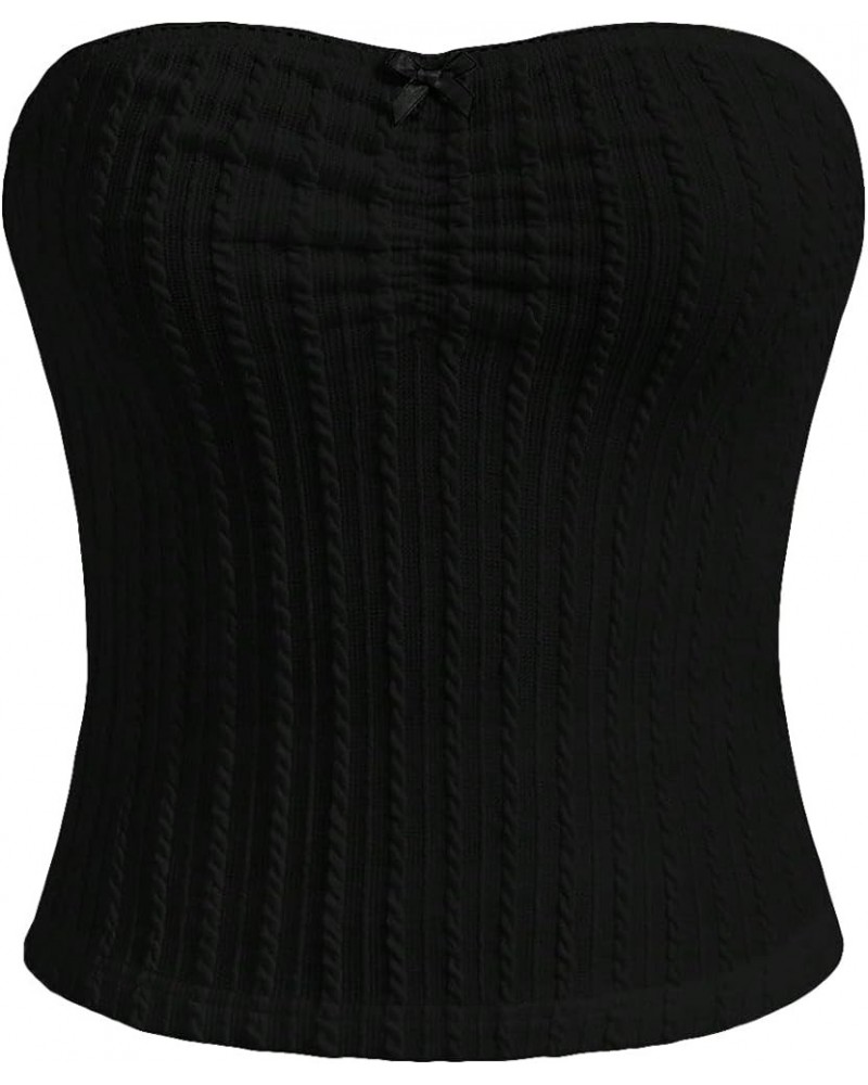 Women's Strapless Bow Front Ruched Cute Sleeveless Vintage Slim Tube Top Black $15.95 Tanks