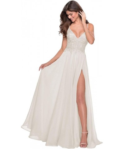 Women's Lace Appliqued Chiffon Prom Dresses Long with Slit Spaghetti Straps V Neck Formal Party Gowns YZTS027 Ivory $43.34 Dr...